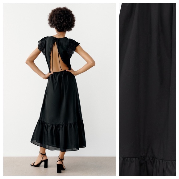 NWT. Zara Black Openwork Embroidery Midi Dress. Size S. - Picture 3 of 10